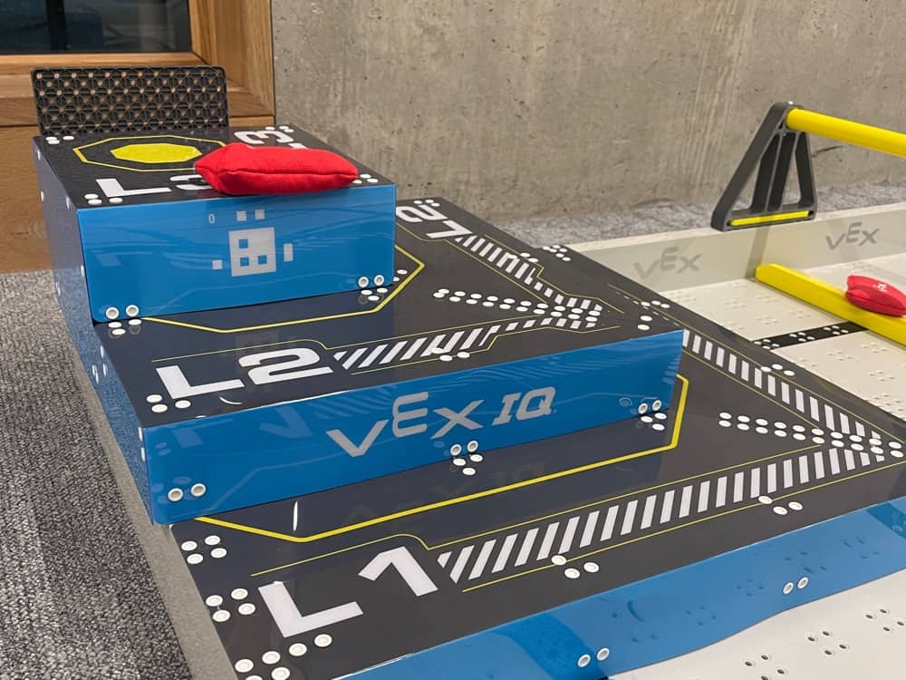 The stepped L1, L2 and L3 scoring platforms on a VEX IQ competition field